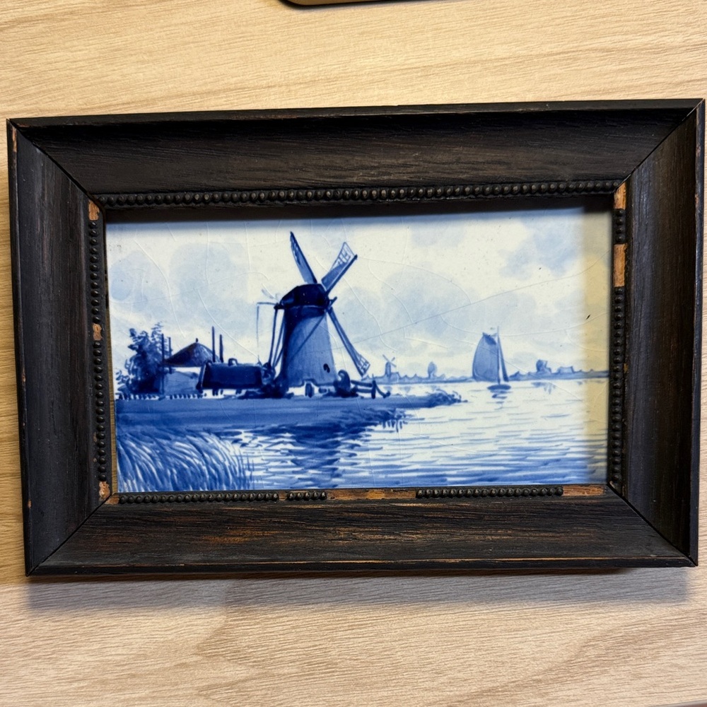 Antique Delft Blue & White Windmill Tile with Wooden Black Frame
